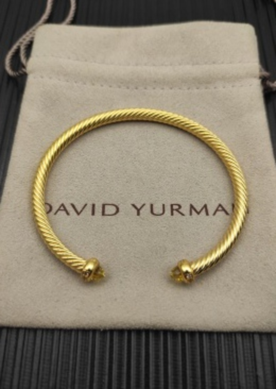 ✨David Yurman✨4mm Gold Cable Blue‑Stone Tip Open Cuff Bracelet